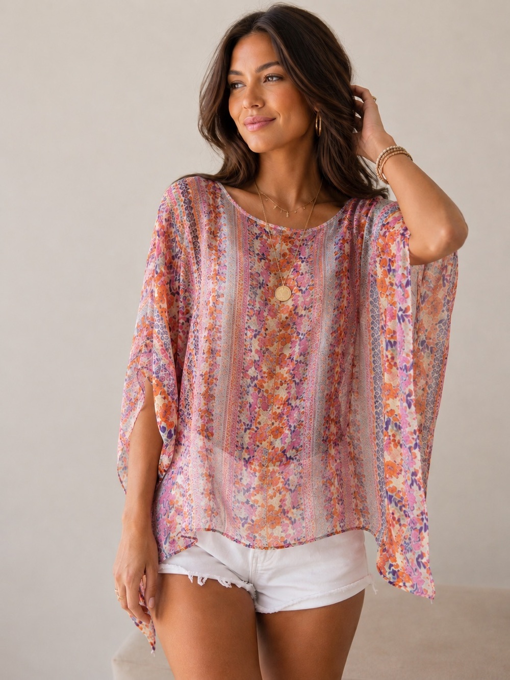 Ella Moss Floral Silk Tunic Blouse Meadow Persimmon M